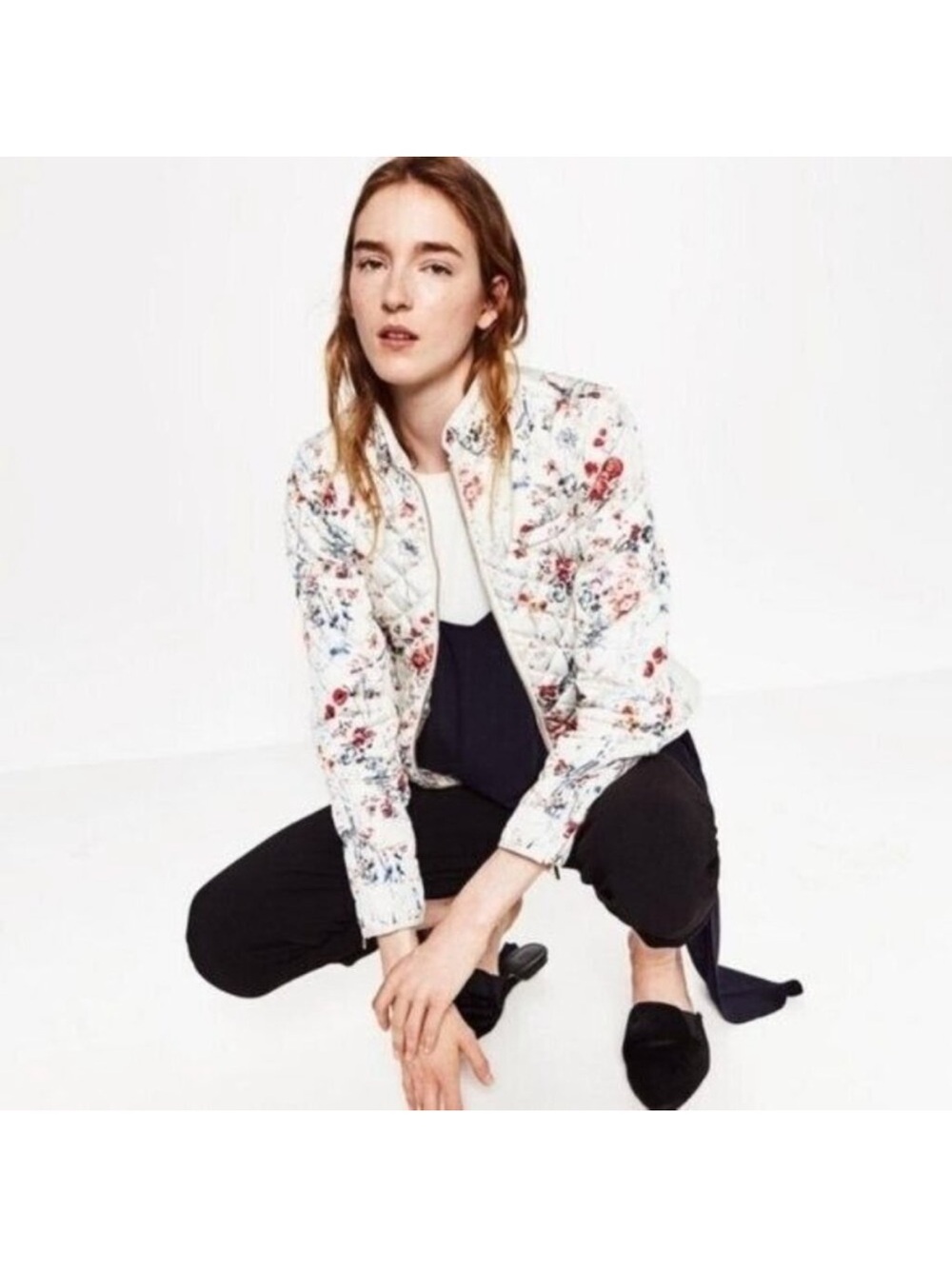 Zara White Floral Quilted Bomber Jacket